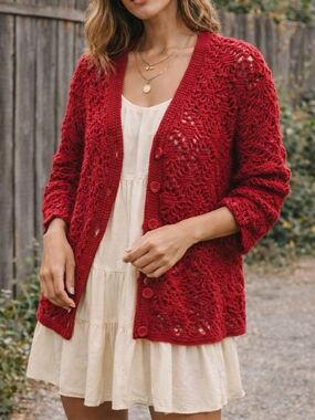 Red Crochet Button-Front Cardigan | Boho Open Knit Chunky Knit Layering Sweater